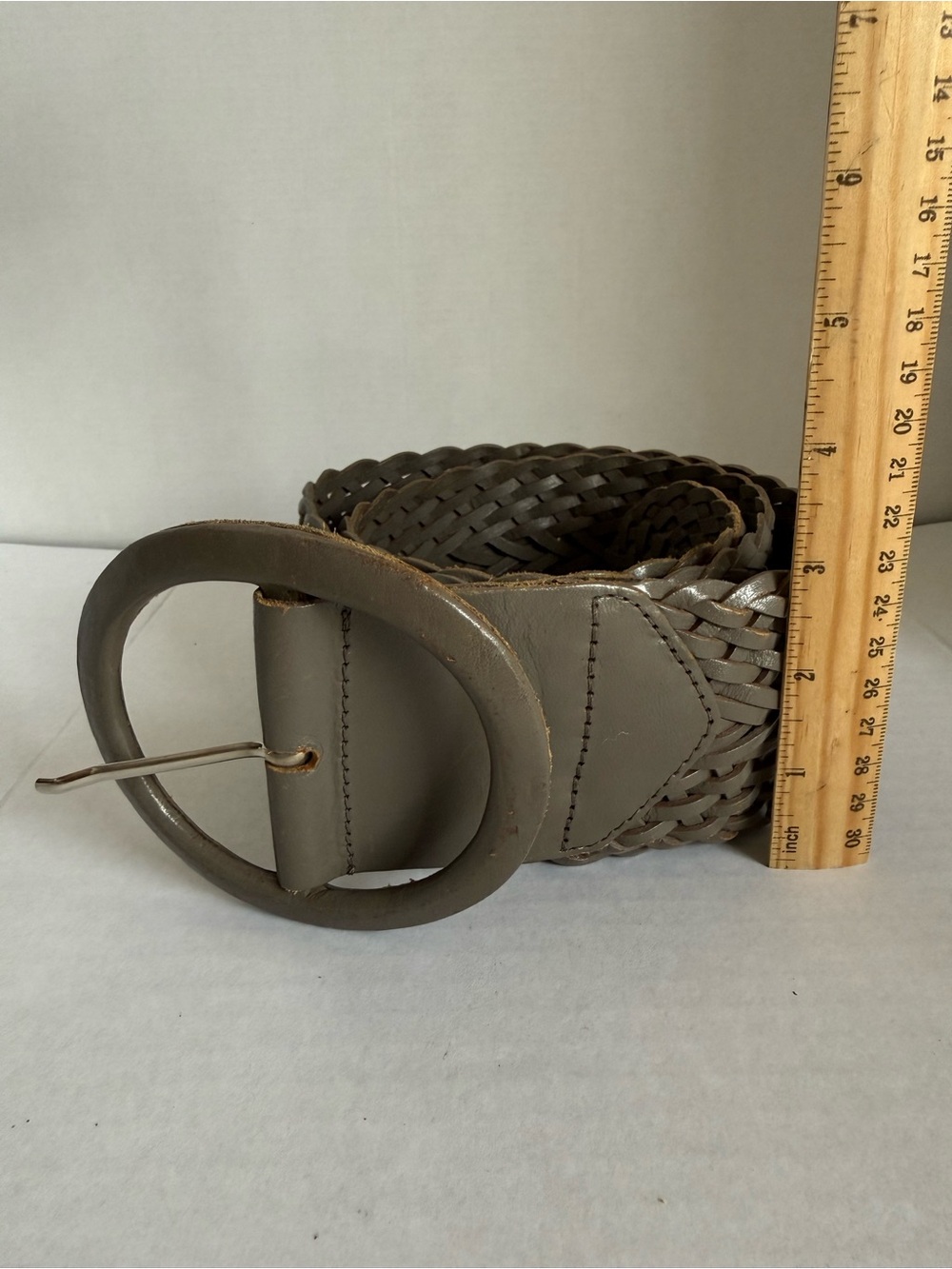 WIDE Woven Leather Taupe Round Buckle Belt Large